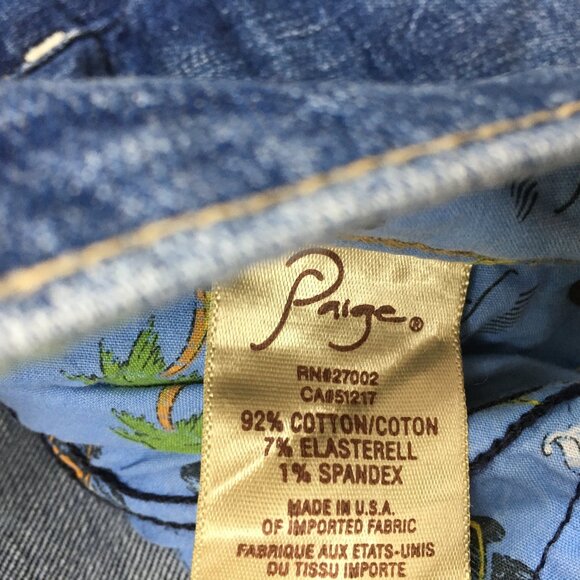 PAIGE Logo Hardware Medium Wash JIMMY JIMMY Raw Edge Hem Cut Offs Denim Shorts - Picture 3 of 11